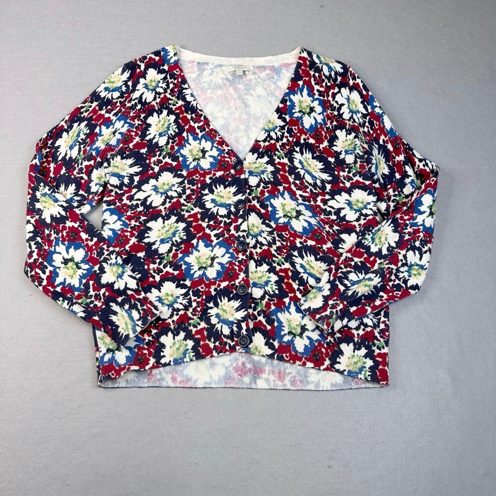 Talbots Sweater Red Black Womens LP Floral Cardigan Button Up V-Neck Ribbed Knit